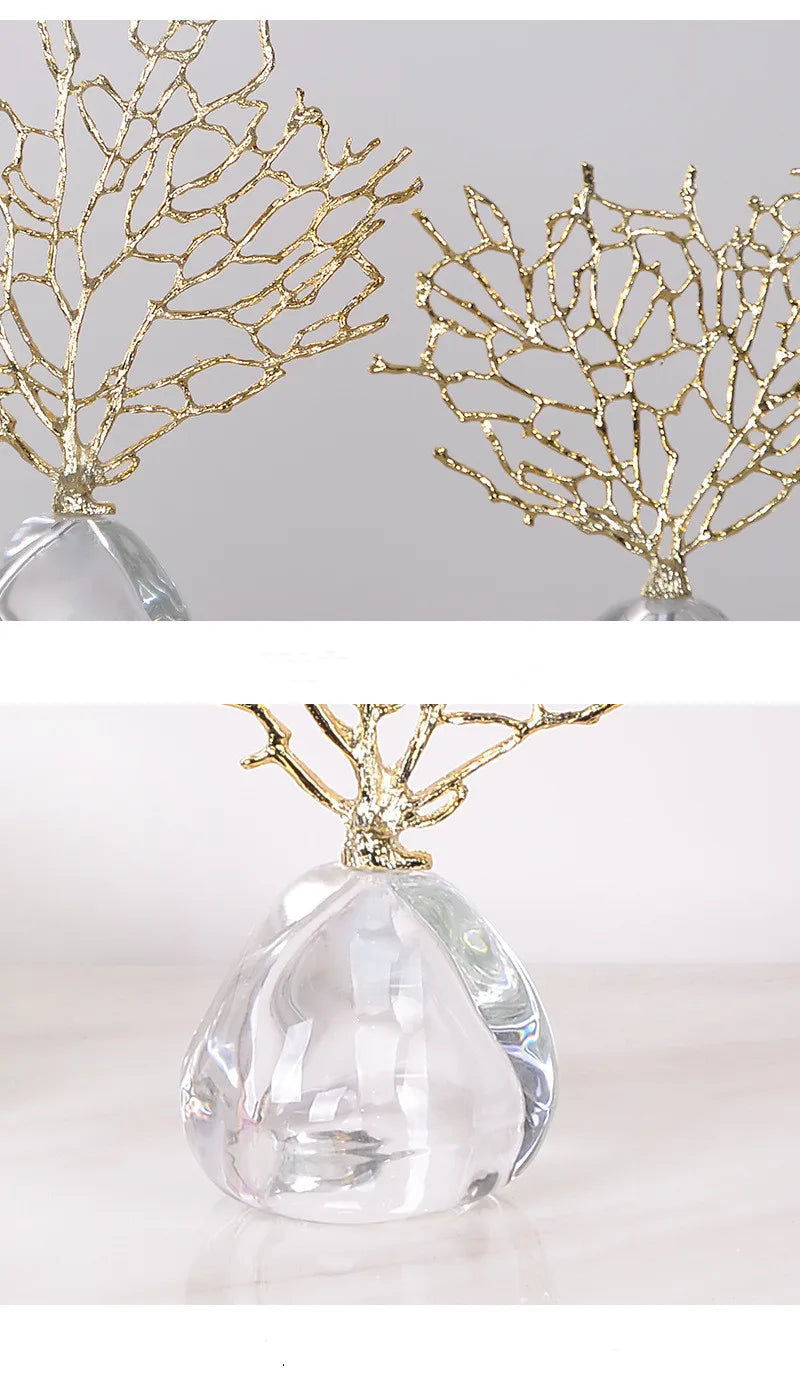 Imitation Coral Ornaments Crystal Metal Tree Glass Vase Hollow Metal Frame Resinous Coral Ocean Decorative Figurines Home Decor